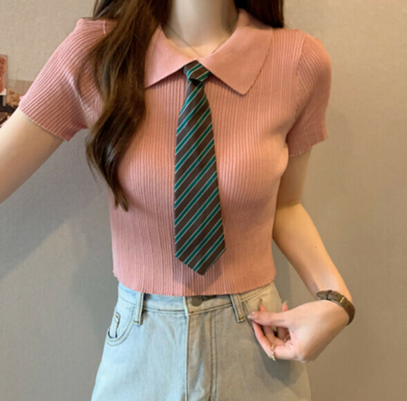 Summer polo neck short-sleeved knit sweater (pink) [Size: S-L] [Contact customer service to confirm the shipping size after placing an order]