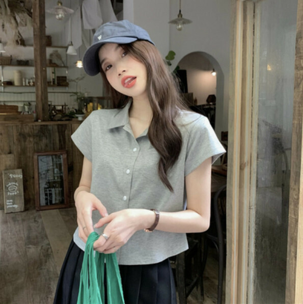 Summer polo cardigan T (gray) [Size: S-L] [Contact customer service to confirm the shipping size after placing an order]