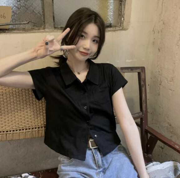 Summer polo cardigan T (black) [Size: S-L] [Contact customer service to confirm the shipping size after placing an order]
