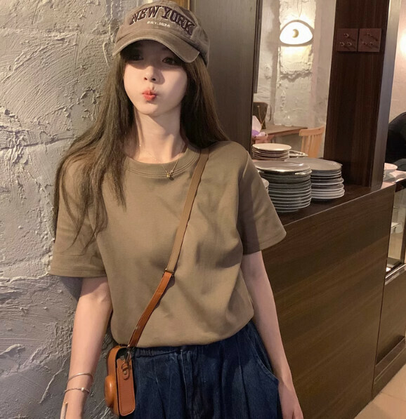 Summer loose and thin short sleeve t (chestnut brown) [Size: S-XL] [Contact customer service to confirm the shipping size after placing an order]