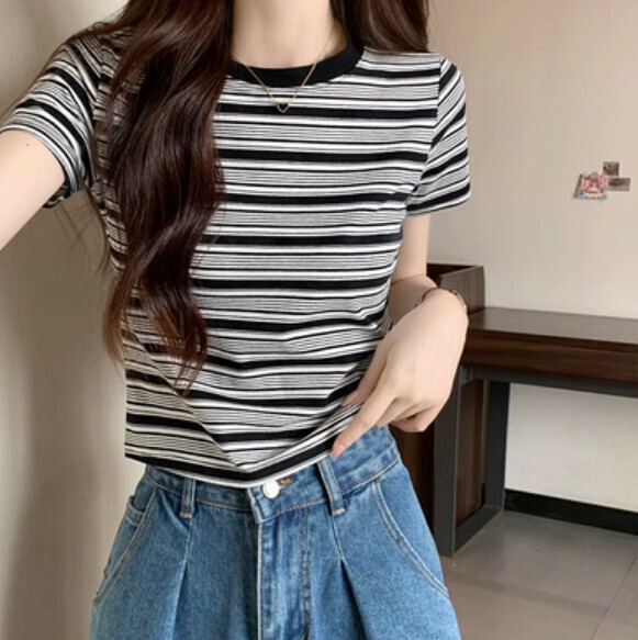Summer Contrast Stripe Shoulder T (Black) [Size: S-XL] [Contact customer service to confirm the shipping size after placing an order]