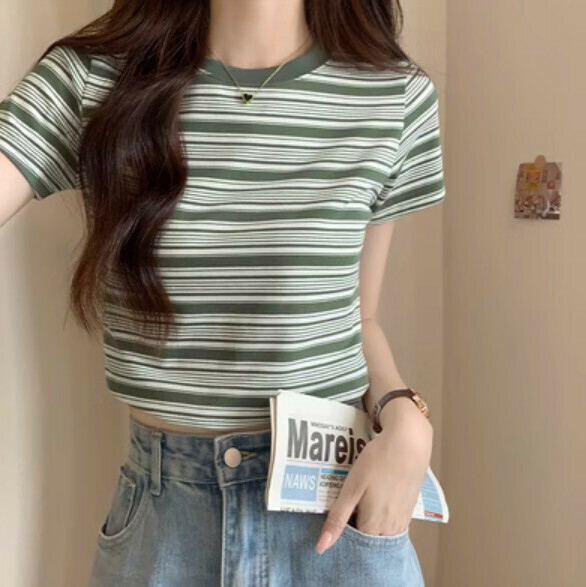 Summer contrasting stripe shoulder T (bean green) [Size: S-XL] [Contact customer service to confirm the shipping size after placing an order]