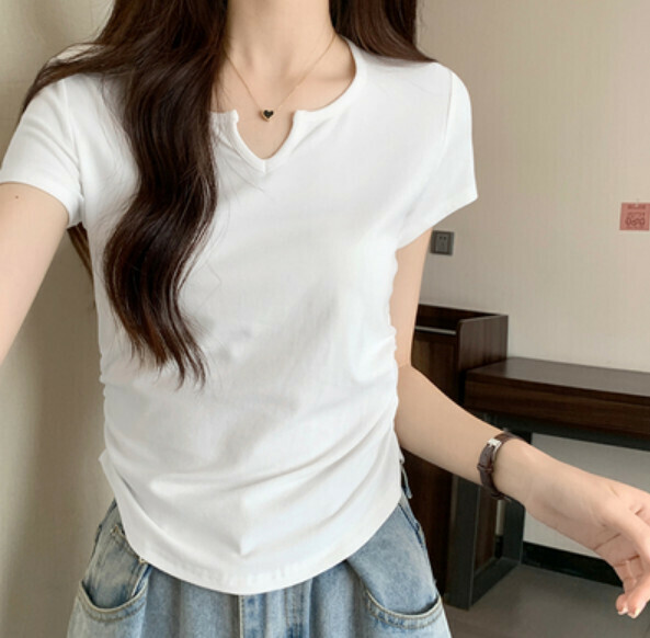 Summer small V-neck slim slim short sleeve t (white) [Size: S-XL] [Contact customer service to confirm the shipping size after placing an order]