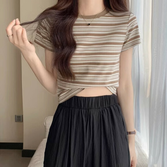 Summer Contrast Stripe Shoulder T (Brown) [Size: S-XL] [Contact customer service to confirm the shipping size after placing an order]