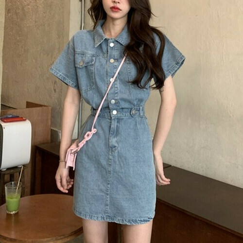 Hot selling Polo collar denim short-sleeved dress [denim blue] [S-L size] (please contact customer service to confirm the delivery size after placing the order)
