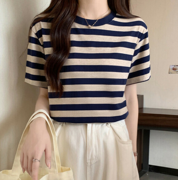 Summer striped short sleeve T (royal blue) [Size: S-XL] [Contact customer service to confirm the shipping size after placing an order]