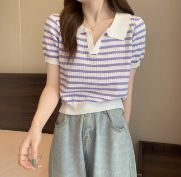 Summer polo neck knit sweater (purple stripe) [Size: S-XL] [Contact customer service to confirm the shipping size after placing an order]