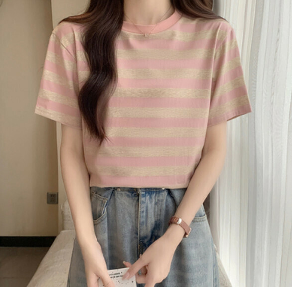 Summer striped short-sleeved T (purple) [Size: S-XL] [Contact customer service to confirm the shipping size after placing an order]