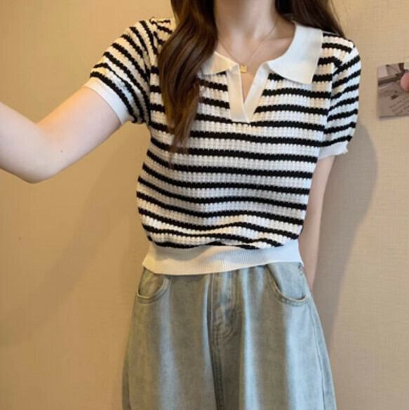Summer polo neck knit sweater (black stripe) [Size: S-XL] [Contact customer service to confirm the shipping size after placing an order]