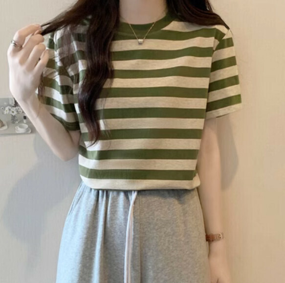 Summer striped short sleeve T (green) [Size: S-XL] [Contact customer service to confirm the shipping size after placing an order]