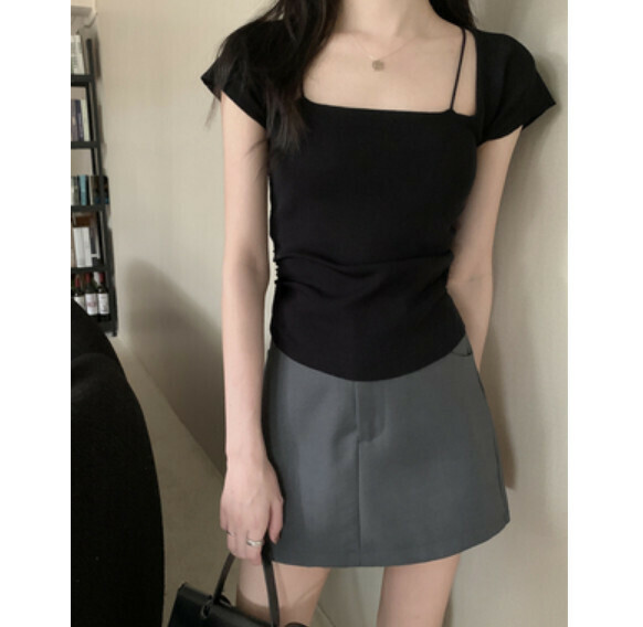 Summer Square Neck Ice Silk Short Sleeve T (Black) [Size: S-L] [Contact Customer Service to Confirm Shipping Size after Placing an Order]