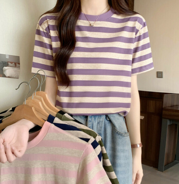 Summer striped short sleeve T (pink) [Size: S-XL] [Contact customer service to confirm the shipping size after placing an order]