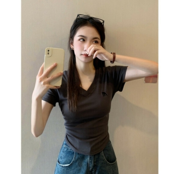 Summer V-neck slim skinny short sleeve t (dark gray) [Size: S-L] [Contact customer service to confirm the shipping size after placing an order]