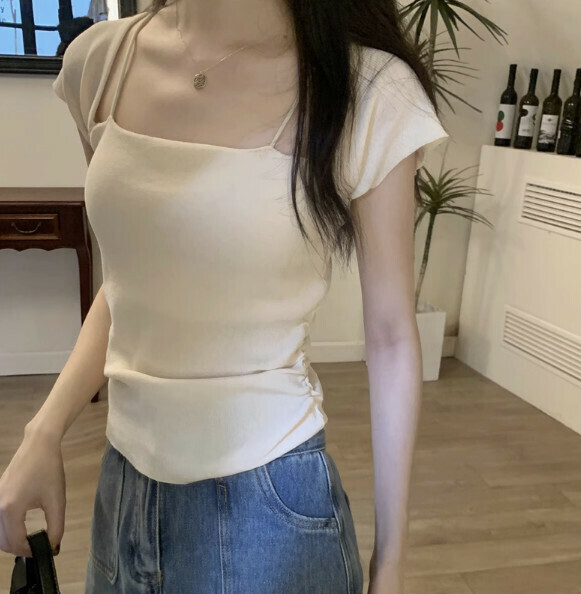 Summer square neck ice silk short sleeve T (apricot) [size: S-L] [Contact customer service to confirm the delivery size after placing an order]