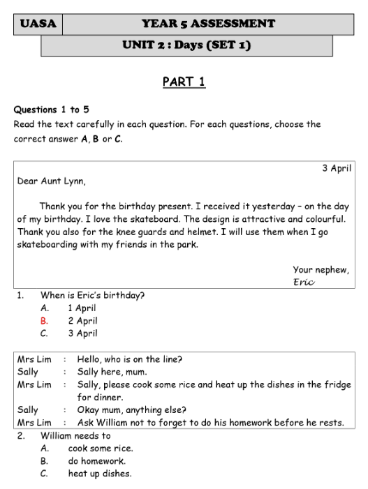 yx优学教育分享 UASA Bahasa Inggeris Year 5A