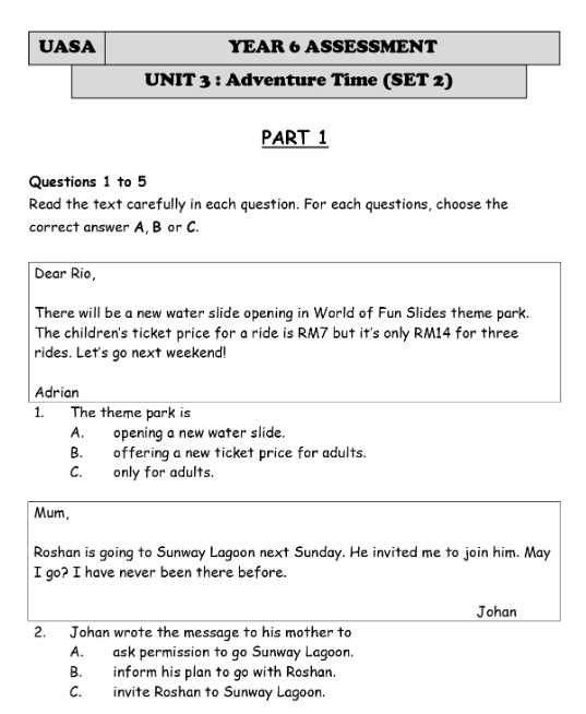 y优学教育分享 UASA Bahasa Inggeris Year 6A