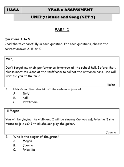 yx优学教育分享 UASA Bahasa Inggeris Year 6B