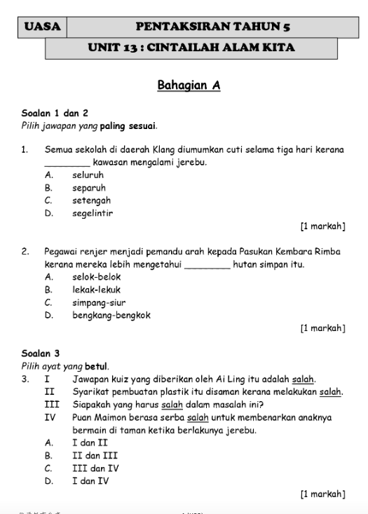 yx优学教育分享 UASA Bahasa Melayu Tahun 5B
