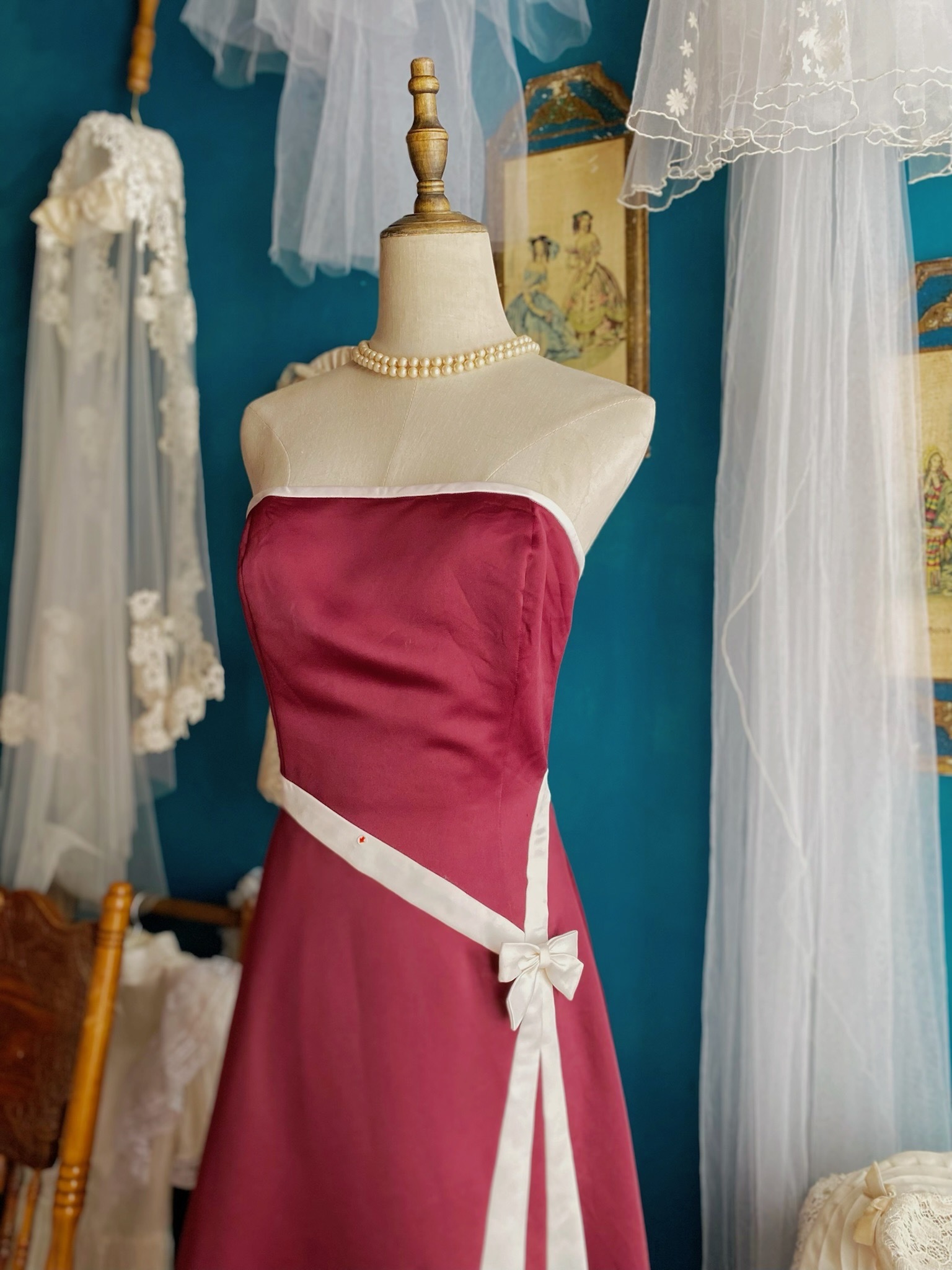 Vintage Dresses from Jessica McClintock (Gunne Sax Collection) / 古著酒紅色平口綁帶禮服