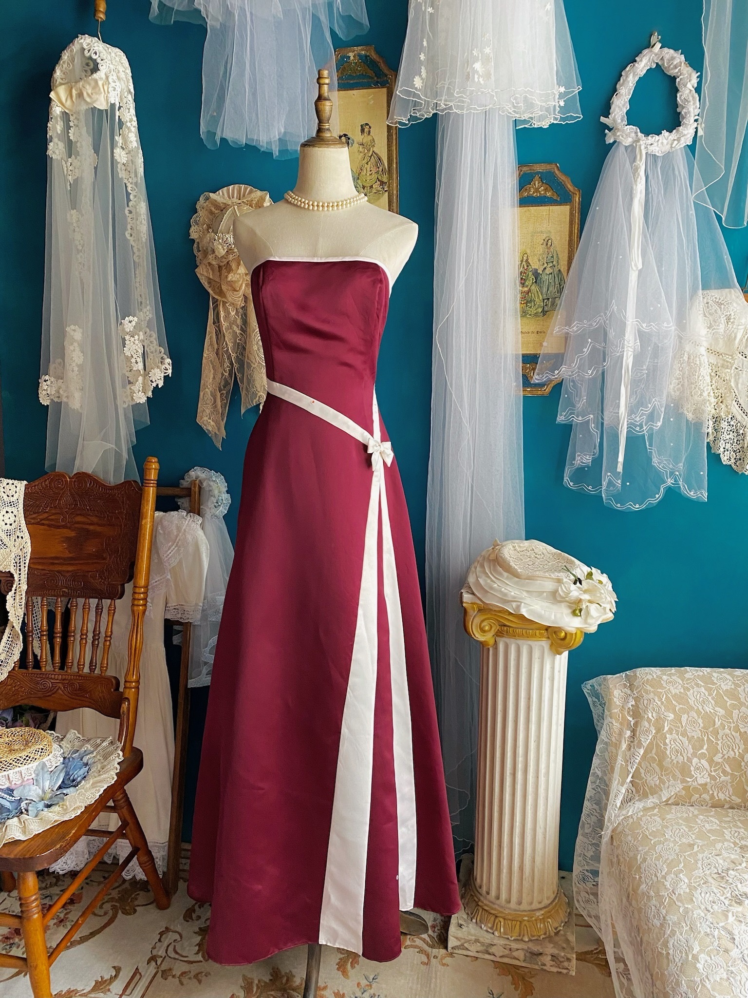 Vintage Dresses from Jessica McClintock (Gunne Sax Collection) / 古著酒紅色平口綁帶禮服