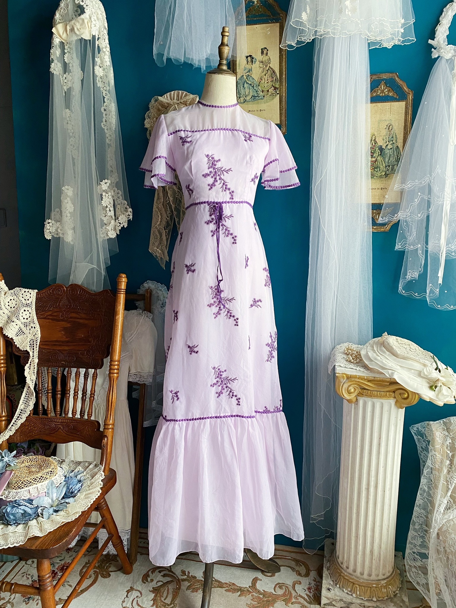 Vintage Dress/古著粉紫色花卉刺繡長洋裝