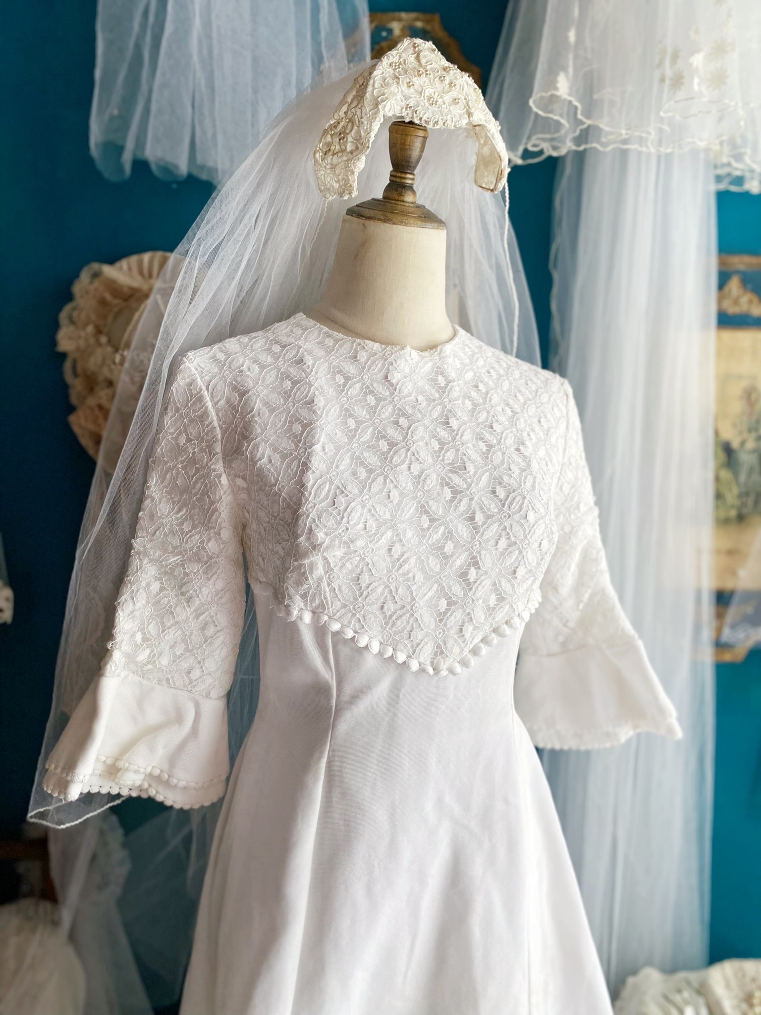 Vintage Wedding Dress/古著法國品牌喇叭袖蕾絲拼接白紗