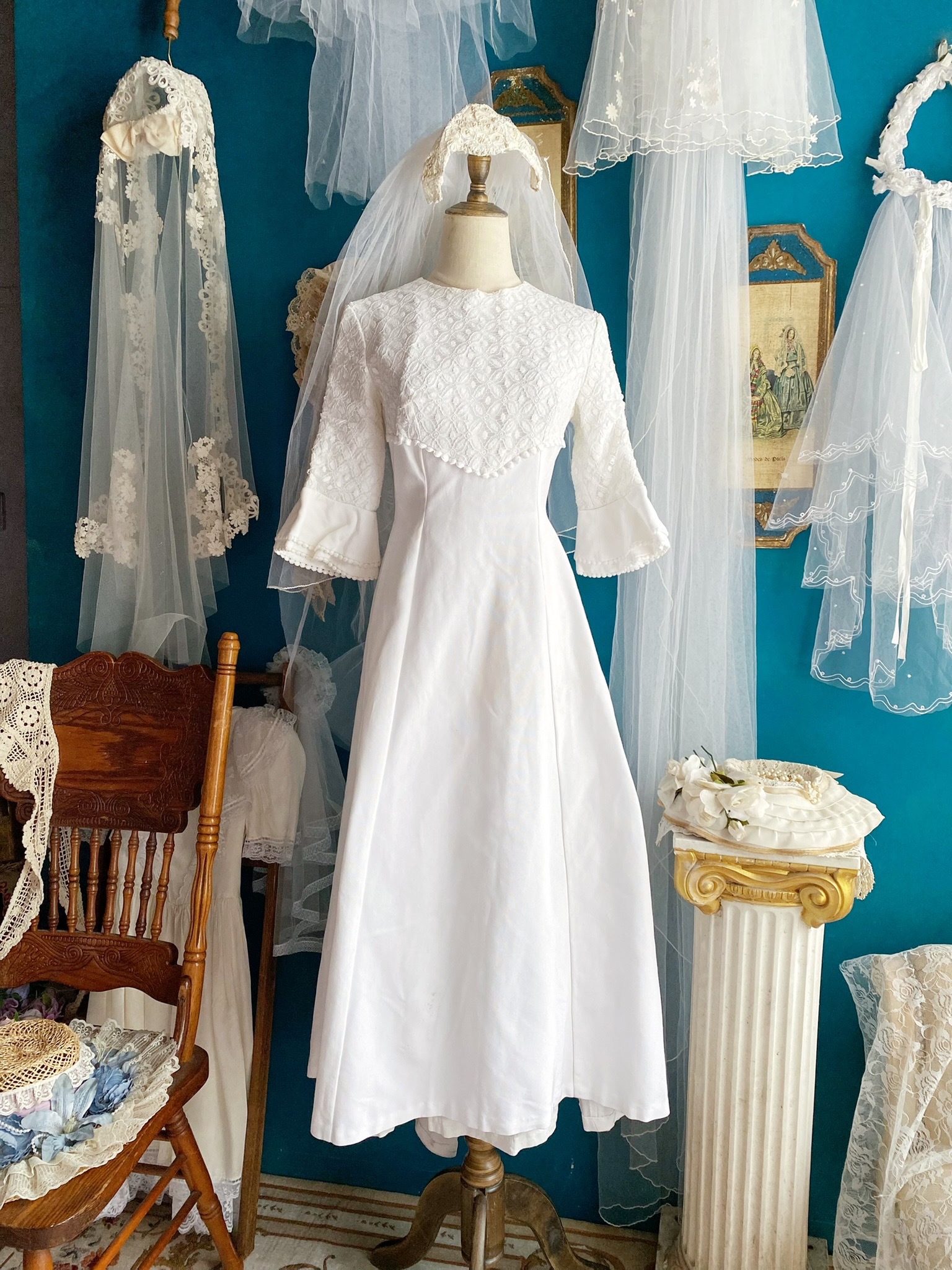 Vintage Wedding Dress/古著法國品牌喇叭袖蕾絲拼接白紗