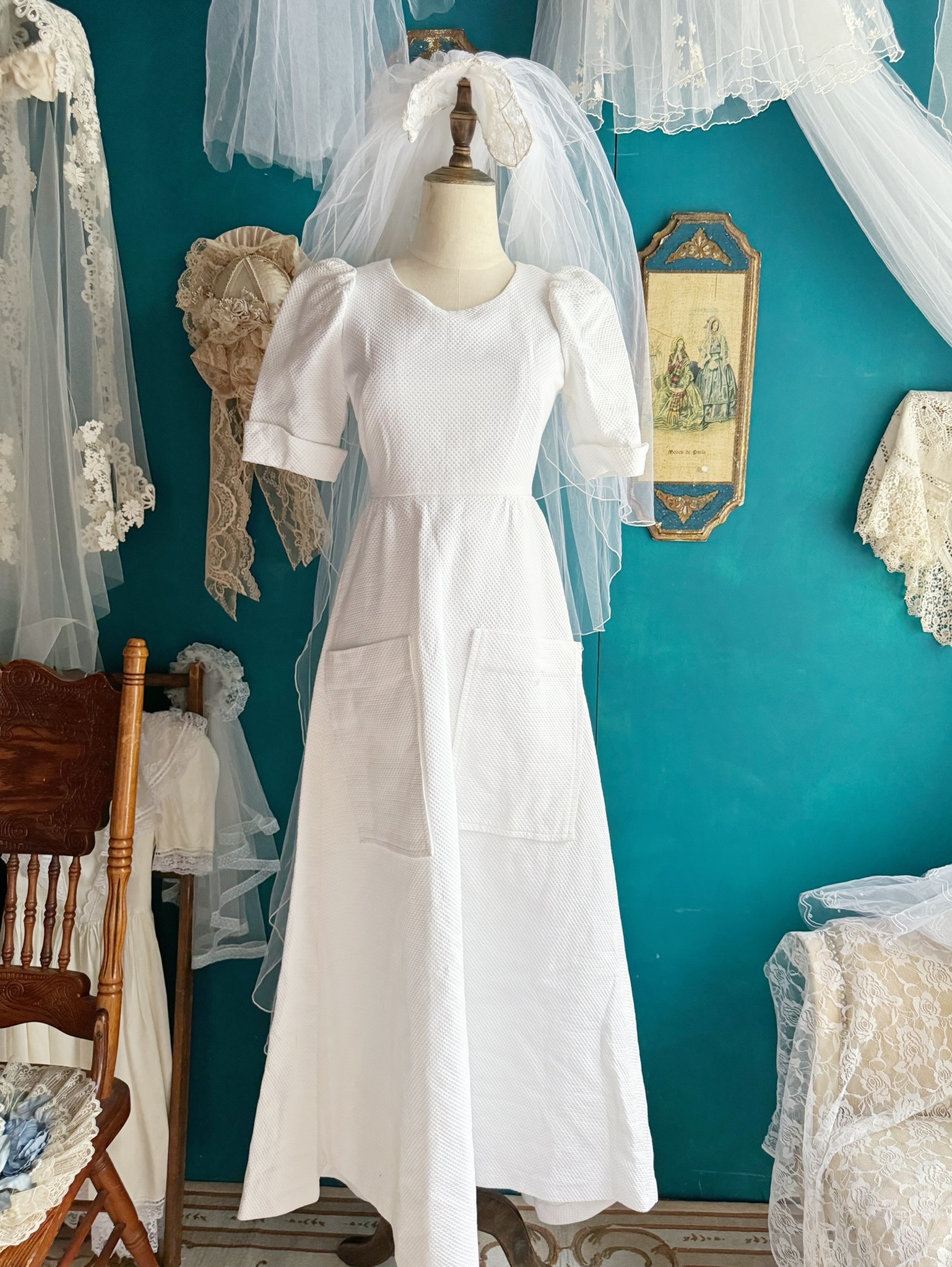 Vintage Wedding Dress/古著法國品牌挺版及地白紗