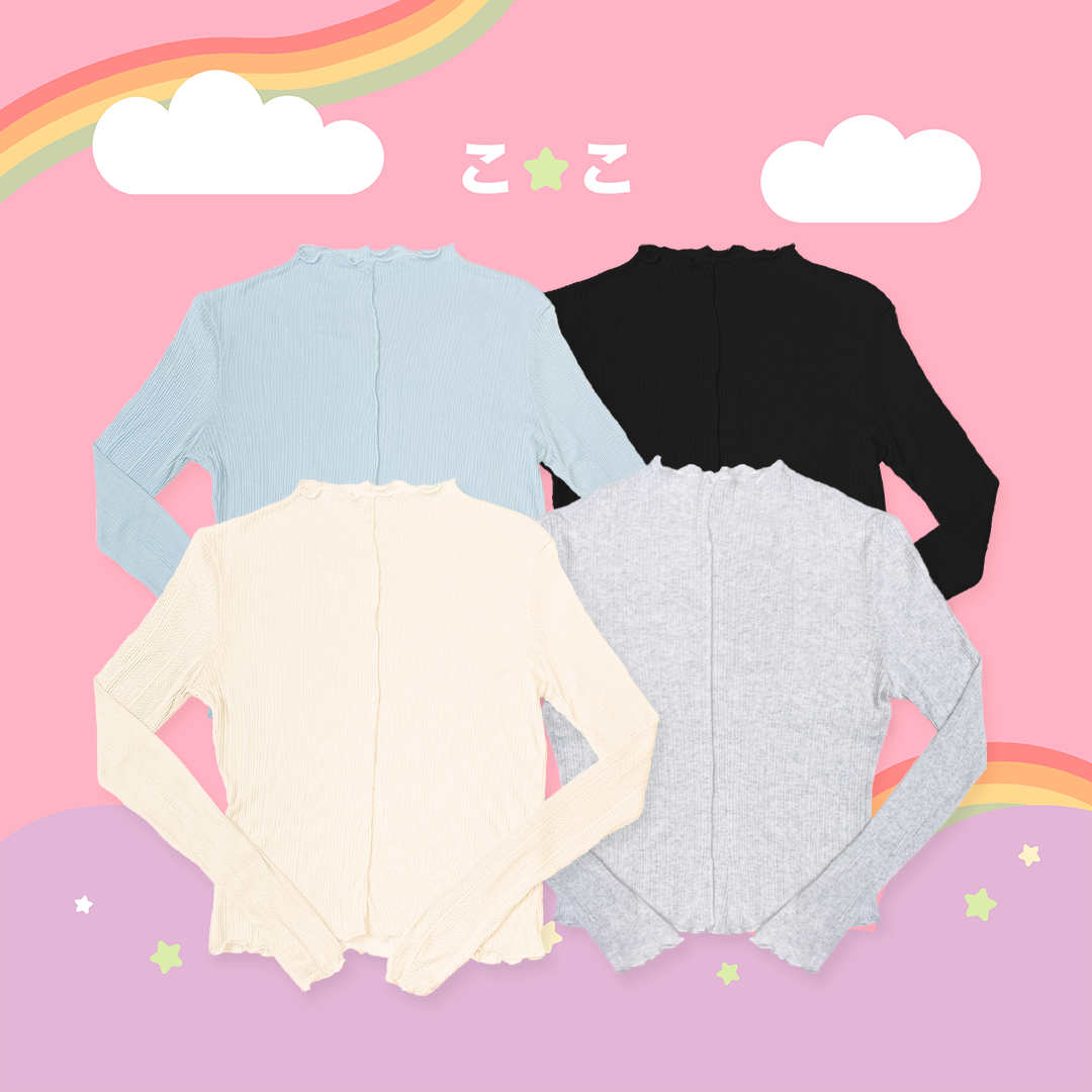 こ♡こ 百搭中車線木耳邊紋理微透長袖上衣