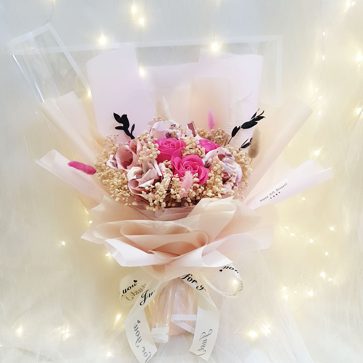 5朵鈔票玫瑰花,15張鈔票,玫瑰香皂花,鈔票花束