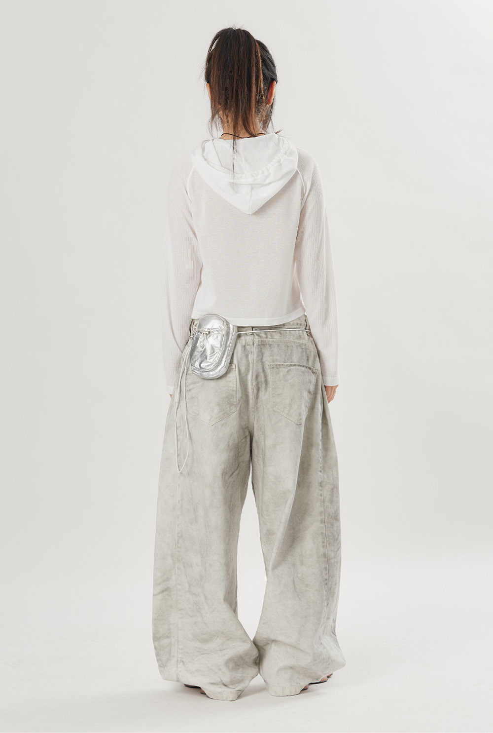 RAUCOHOUSE 金屬鐵釦 調節 特殊刷色 髒白色 牛仔 氣球褲 長褲