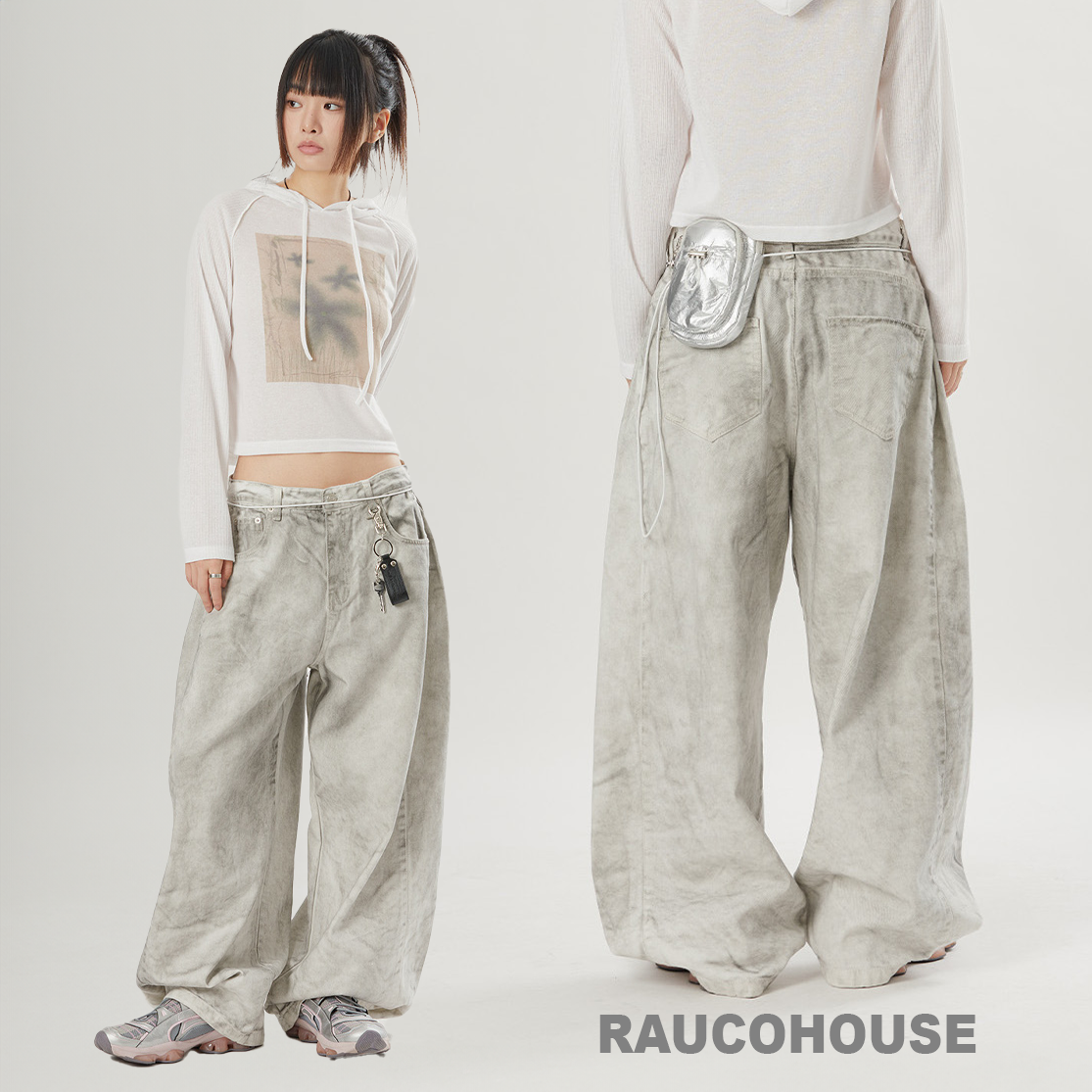 RAUCOHOUSE 金屬鐵釦 調節 特殊刷色 髒白色 牛仔 氣球褲 長褲