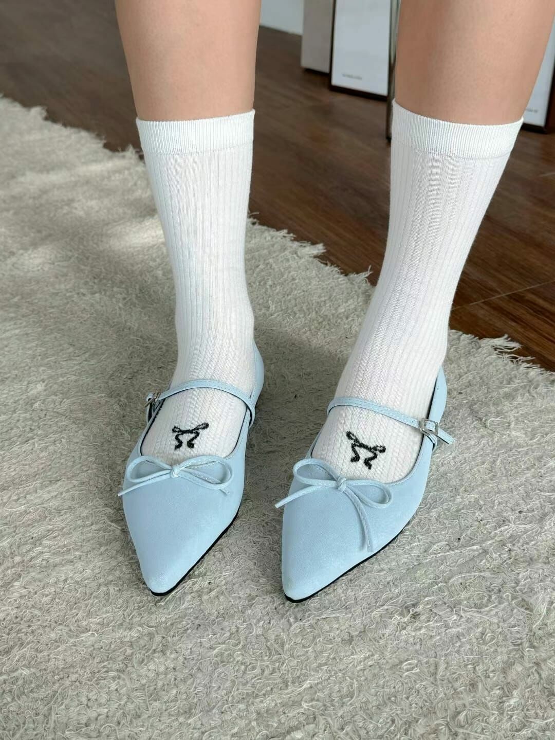 MQ2494 尖頭蝴蝶結絨布瑪莉珍鞋 (建議買大一碼)