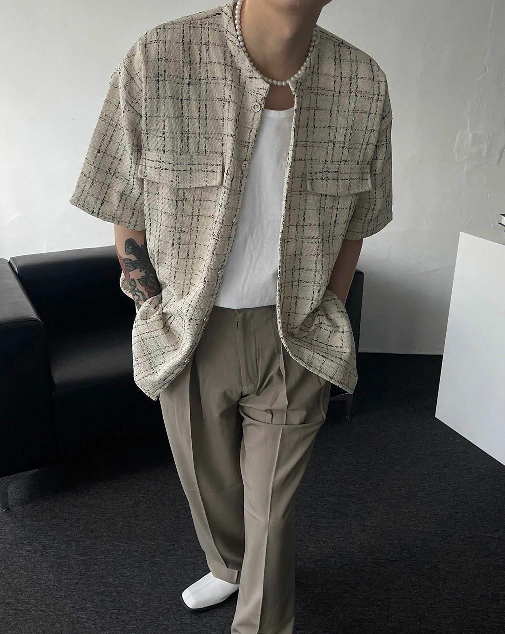 圓領格紋短袖恤衫 Crunky_youth-035S