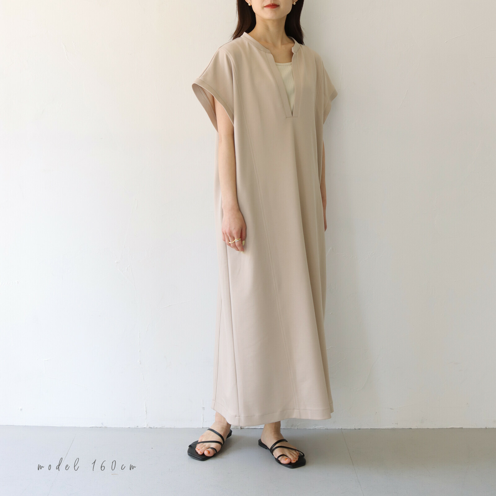 清爽領口法式袖長款連衣裙 (兩色入) 【日本直送】