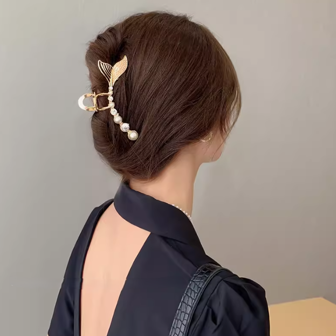 Elegant Pearl Rhinestone Mermaid Tail Hair Claw