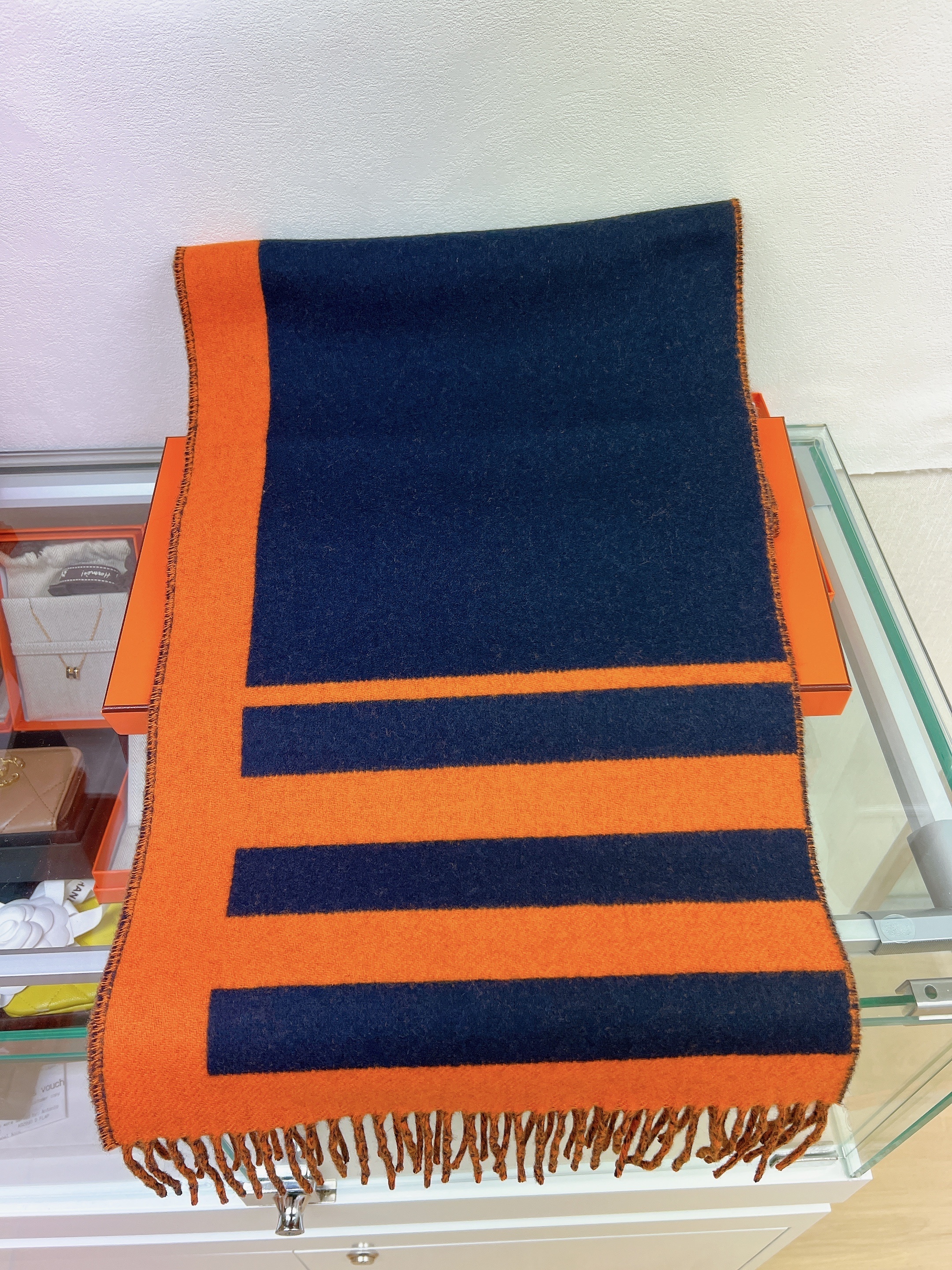 *Unused* Hermes muffler/ scarf (orange/navy) love story horse