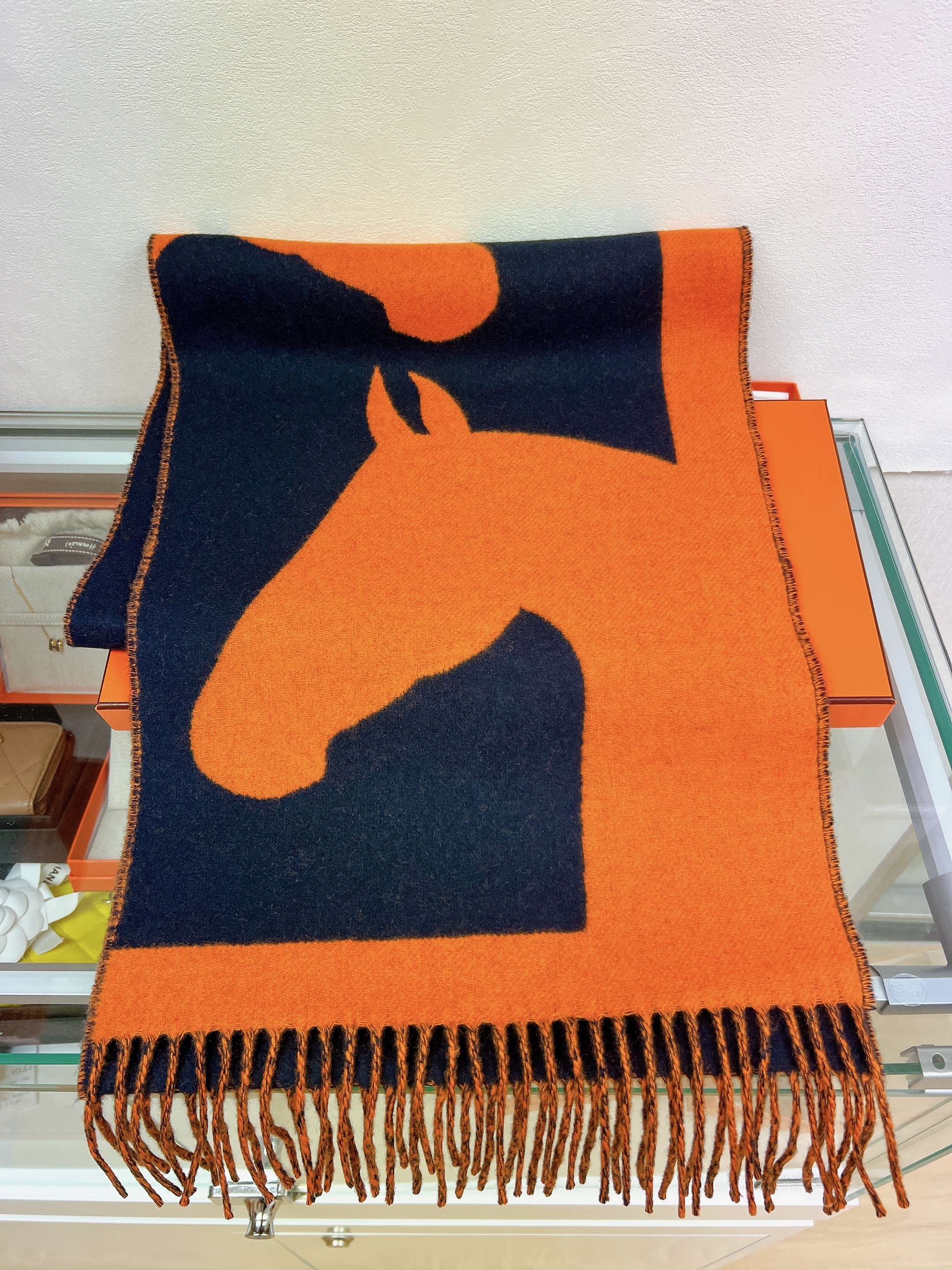 *Unused* Hermes muffler/ scarf (orange/navy) love story horse
