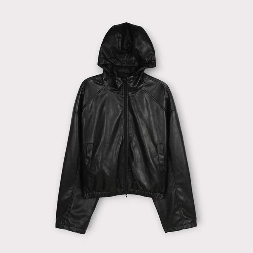 淨色連帽合成皮拉鍊外套 taptaptap-029JK