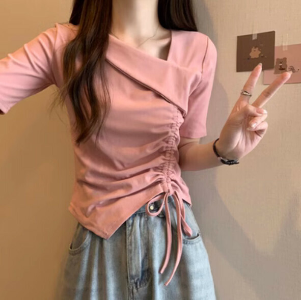 Summer Irregular Short Sleeve T (Pink) [Size: S-XL] [Contact customer service to confirm the shipping size after placing an order]