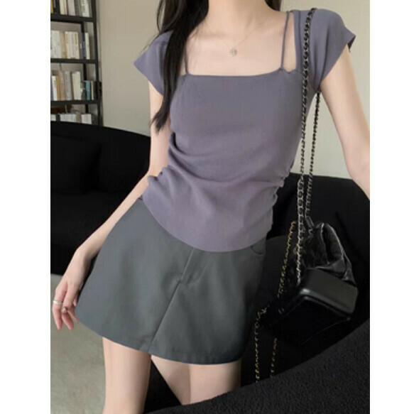Summer Square Neck Ice Silk Short Sleeve T Shirt (Gray) [Size: S-L] [Contact Customer Service to Confirm Shipping Size After Placing an Order]