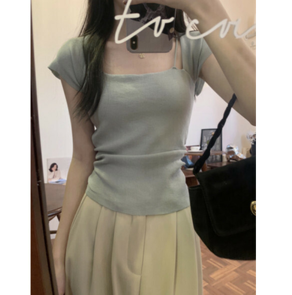 Summer Square Neck Ice Silk Short Sleeve T (Dark Green) [Size: S-L] [Contact Customer Service to Confirm Shipping Size after placing an order]