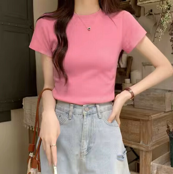 Summer short tight short sleeve t (pink) [Size: S-XL] [Contact customer service to confirm the shipping size after placing an order]