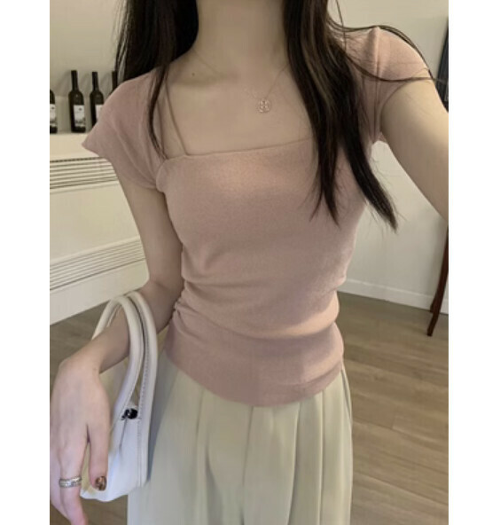 Summer Square Neck Ice Silk Short Sleeve T (Pink) [Size: S-L] [Contact customer service to confirm the shipping size after placing an order]