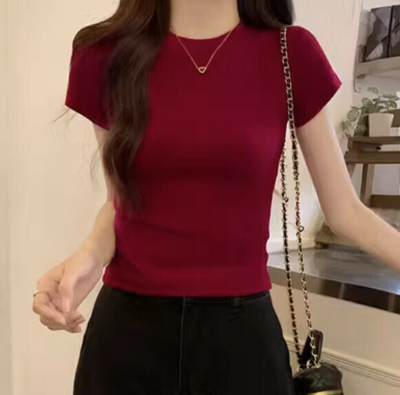 Summer short tight short sleeve t (burgundy) [Size: S-XL] [Contact customer service to confirm the shipping size after placing an order]