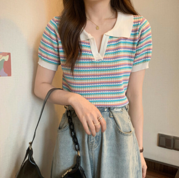 Summer polo neck knitwear (rainbow stripe) [Size: S-XL] [Contact customer service to confirm the shipping size after placing an order]