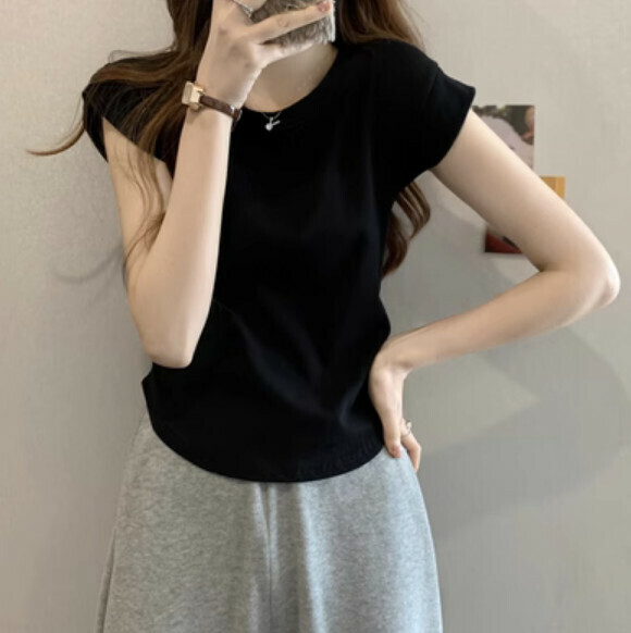 Summer pleated short sleeve T (black) [Size: S-L] [Contact customer service to confirm the shipping size after placing an order]