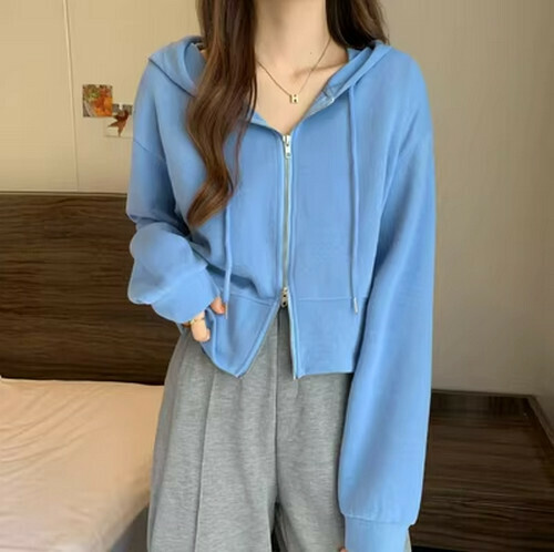 Hot selling zipper hooded cardigan [blue] [one size fits all]