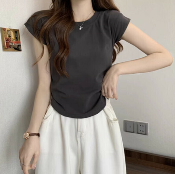 Summer pleated short sleeve T (gray) [Size: S-L] [Contact customer service to confirm the shipping size after placing an order]