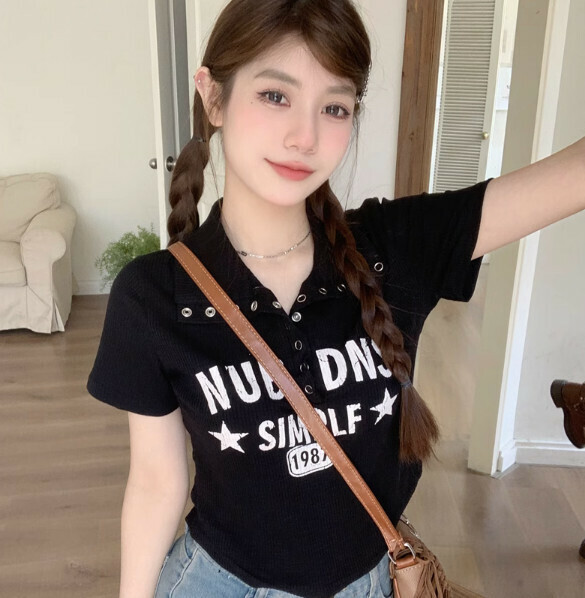 Summer Hong Kong Short Shoulder Short Sleeve T (Black) [Size: S-L] [Contact Customer Service to Confirm Shipping Size after Placing an Order]